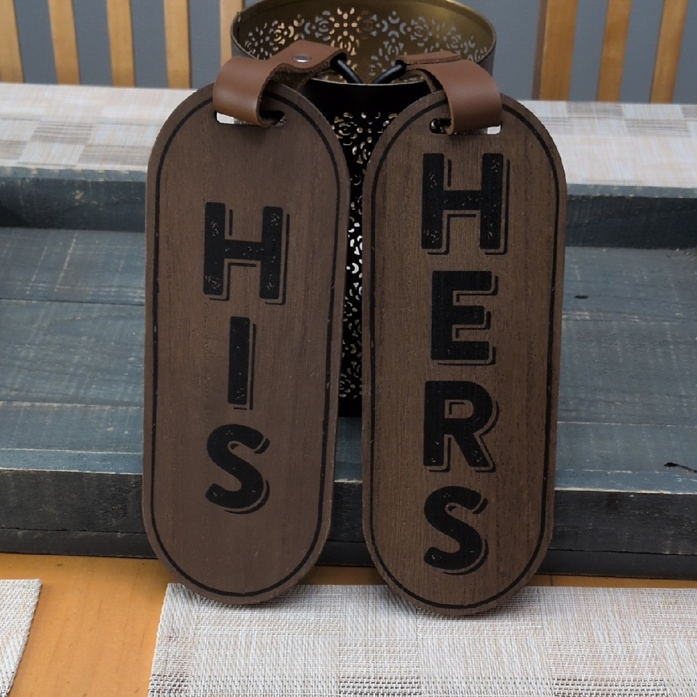 His and Hers Brown Wooden Towel Tags